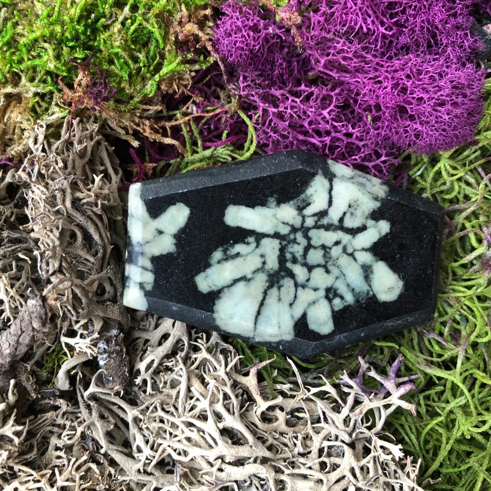 Chrysanthemum Stone Coffin with Cross black white - Picture 4 of 6